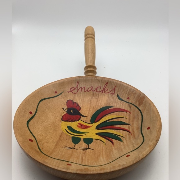 Vintage Wood Rooster Snack Dish with Handle - Picture 1 of 7